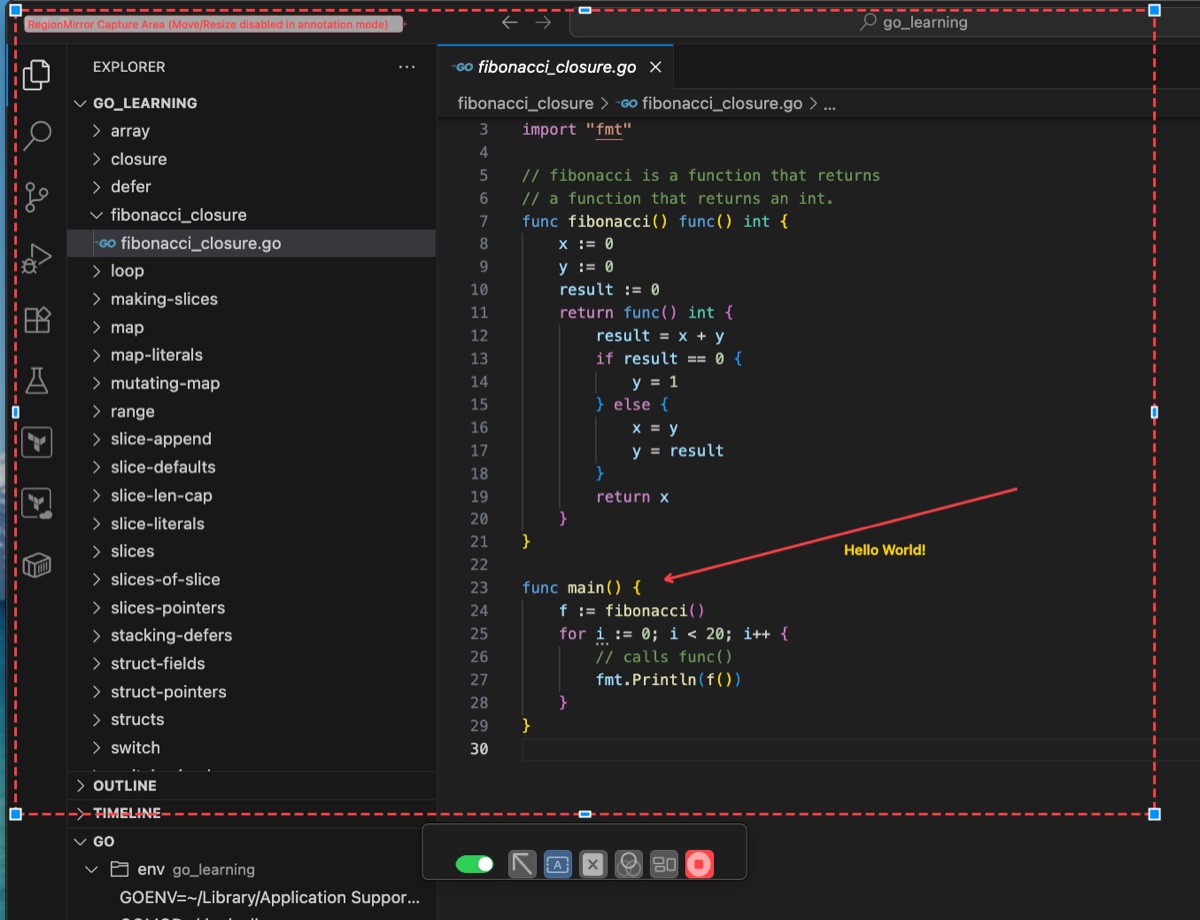 Arrows and text annotations drawn on top of a shared region in RegionMirror